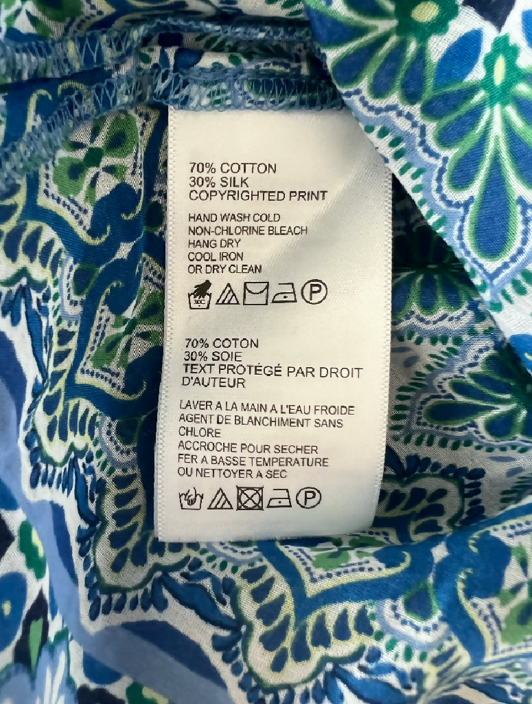 Tommy Bahama Blue and Green Printed Split-Neck Silk Tunic Blouse