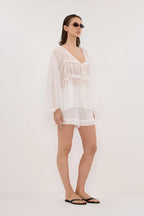 DISSH Mila White Ramie Long Sleeve Frill Top Size 8