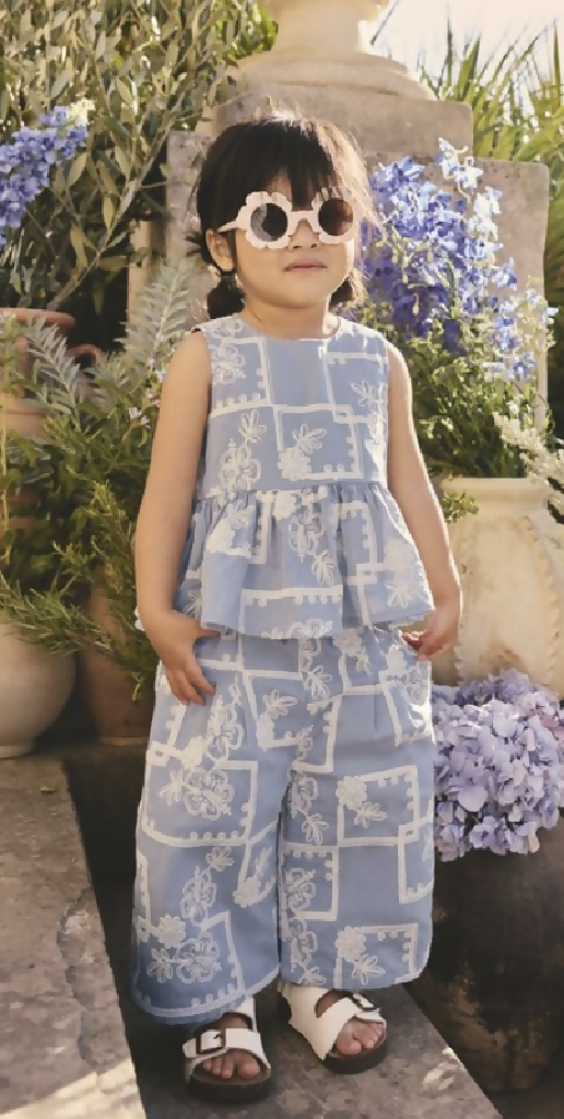 Next Blue and Ecru Embroidered Blouse and Trousers Co-ord Set 12months