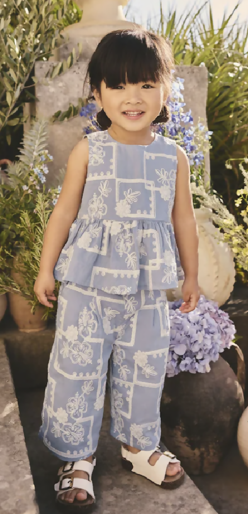 Next Blue and Ecru Embroidered Blouse and Trousers Co-ord Set 12months