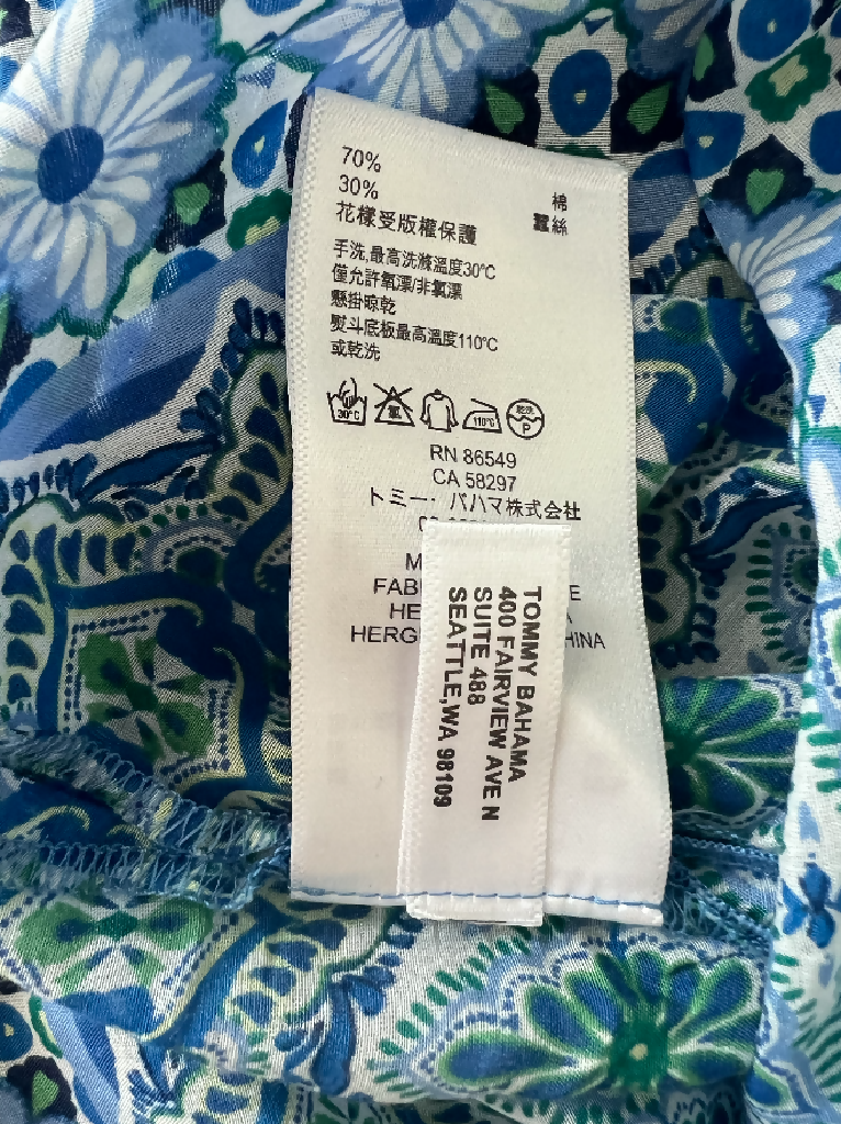 Tommy Bahama Blue and Green Printed Split-Neck Silk Tunic Blouse