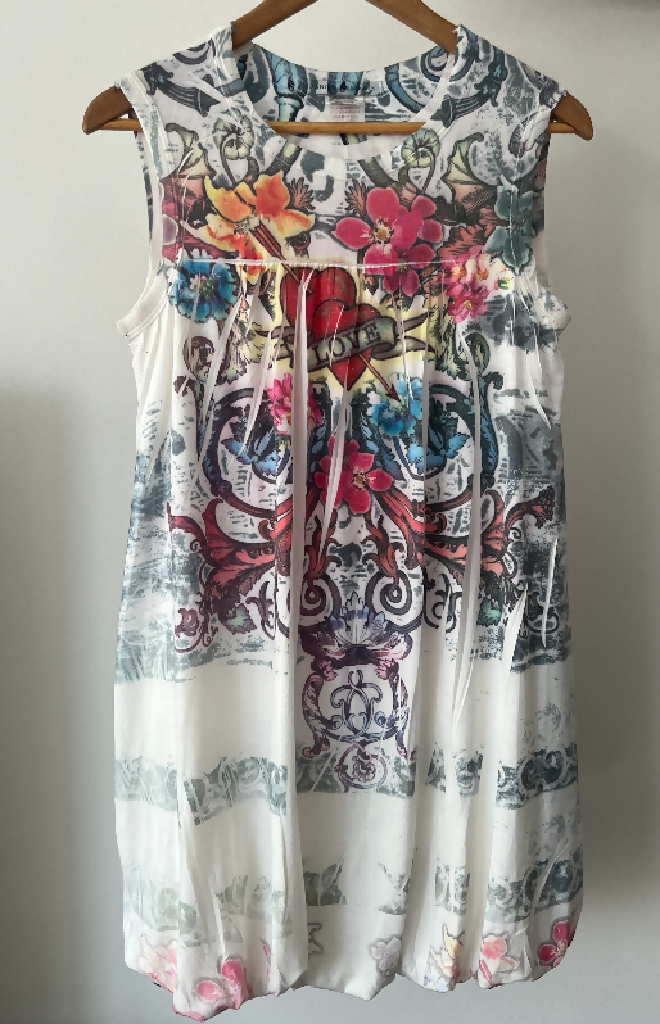 Daniel Benjamin Floral and Heart Collage Print Bubble-Hem Babydoll Dress