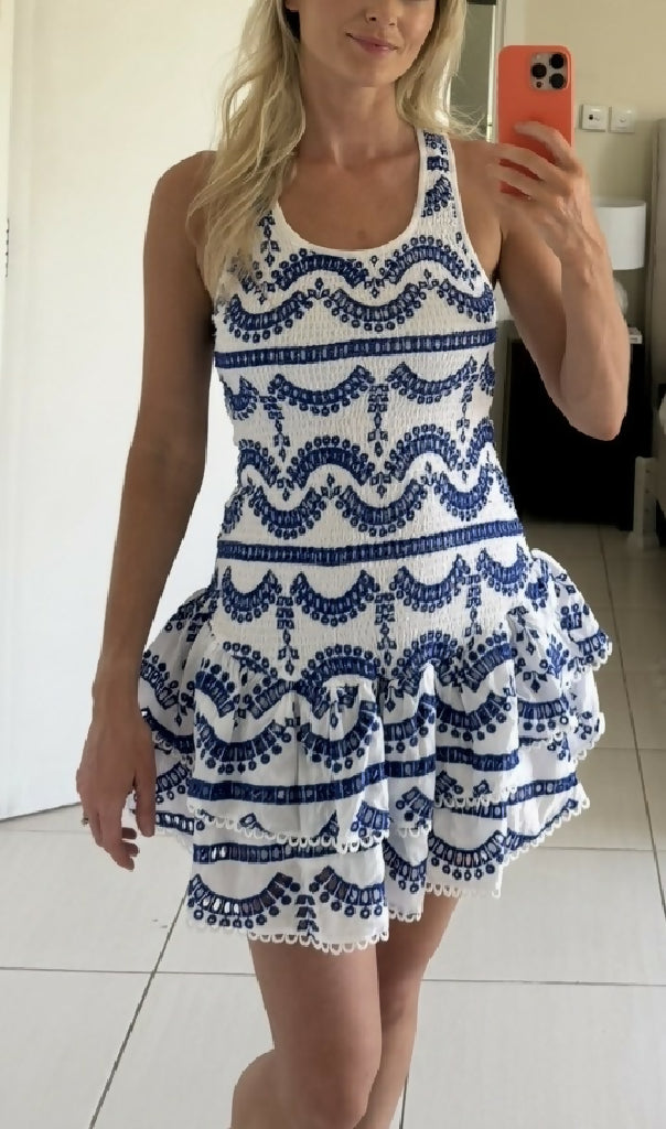 Commense White and Blue embroidered mini dress