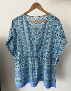 Tommy Bahama Blue and Green Printed Split-Neck Silk Tunic Blouse