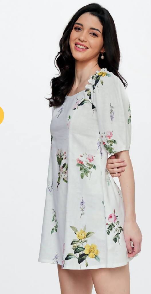 Floral Linen Knee Length Casual Dress