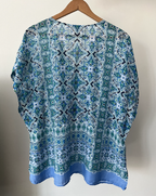 Tommy Bahama Blue and Green Printed Split-Neck Silk Tunic Blouse