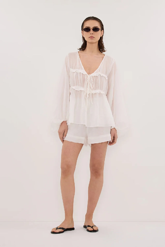 DISSH Mila White Ramie Long Sleeve Frill Top Size 8