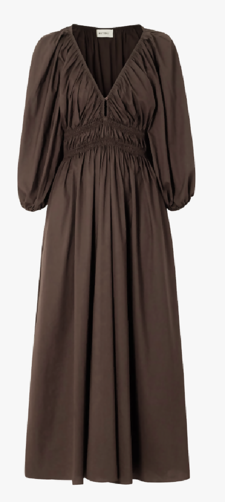 Matteau Shirred Plunge Button Dress Brown Size 8UK