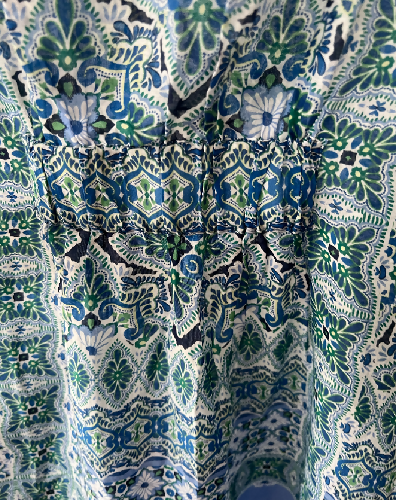 Tommy Bahama Blue and Green Printed Split-Neck Silk Tunic Blouse