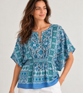 Tommy Bahama Blue and Green Printed Split-Neck Silk Tunic Blouse