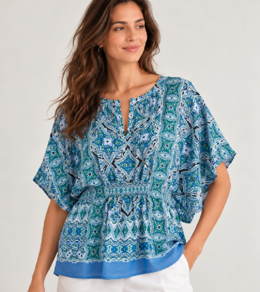 Tommy Bahama Blue and Green Printed Split-Neck Silk Tunic Blouse