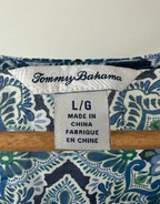 Tommy Bahama Blue and Green Printed Split-Neck Silk Tunic Blouse