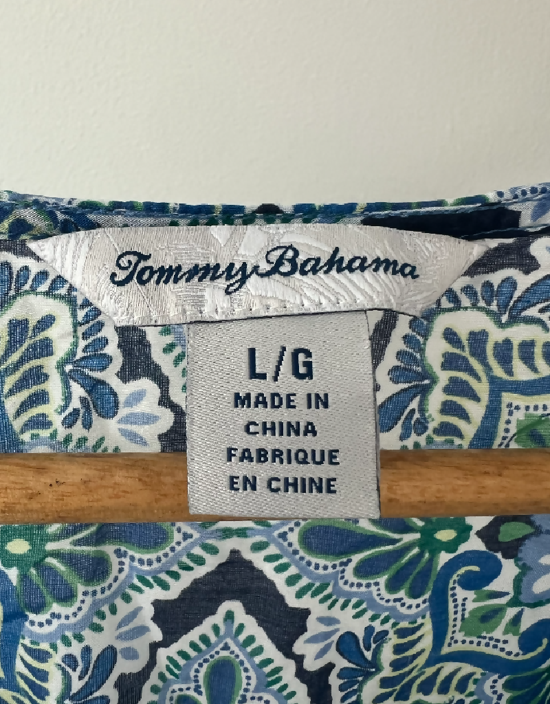 Tommy Bahama Blue and Green Printed Split-Neck Silk Tunic Blouse