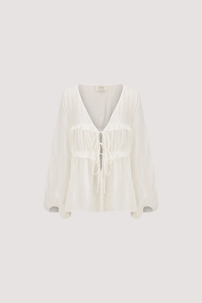 DISSH Mila White Ramie Long Sleeve Frill Top Size 8